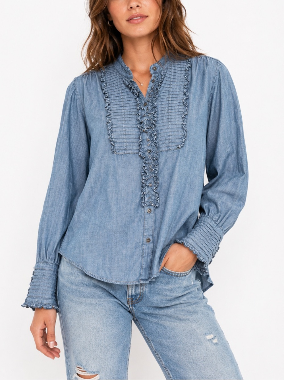 Free People One Miles Denim Tuxedo Shirt Western Boho Chambray Womens S